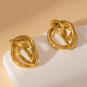 Boucles d'oreilles cercles entrelacés en acier inoxydable doré poli sur base en pierre