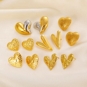 Minimalist 18K gold plated stainless steel heart stud earrings in assorted textures
