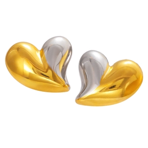 Polished 18K gold and silver two-tone heart stud earrings with a mirrored metallic finish