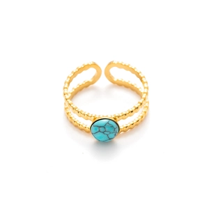 Detalle de anillo de ondas doradas de doble capa con una piedra turquesa redonda