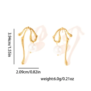 Gold irregular metal pearl earrings dimensions showing 1.55in height and 0.82in width