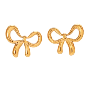 Polished gold stainless steel bow earrings set with a smooth mirror finish for women