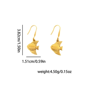 Detailed view of gold goldfish earrings with wavy texture and French hook design