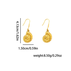 Detailed view of gold shell earrings with spiral texture and 4.13cm size measurements