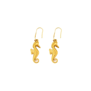 Exquisite gold seahorse hook earrings with textured marine design on white background