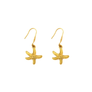 Detail view of 18K gold plated starfish drop earrings with textured relief on white backdrop