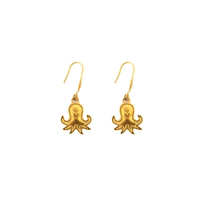 Detail of 18K gold octopus drop earrings with detailed tentacles and curved hooks