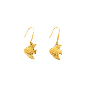 Detail of 18K gold fish-shaped earrings featuring textured scales and hook closures