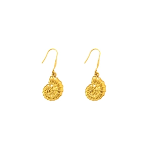 Detailed close-up of golden nautilus shell earrings with intricate spiral textures on a white background