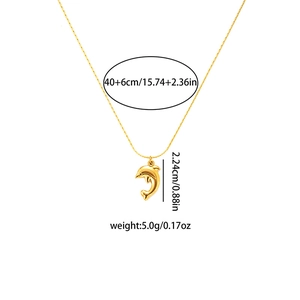 Detailed size specifications for a gold dolphin pendant necklace with measurement labels