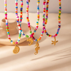 Bohemian Regenbogen Glasperlen Halskette Edelstahl Gold Meereslebewesen Anhänger Delfin Seestern Sommer Strand Schmuck Für Damen
