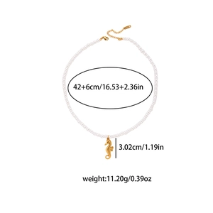 Detail showing pearl necklace measurements with golden seahorse pendant dimensions