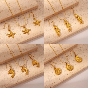 Stainless Steel Ocean Theme Jewelry Set For Women Gold Plated Seahorse Starfish Dolphin Shell Pendant Necklace Earrings Set