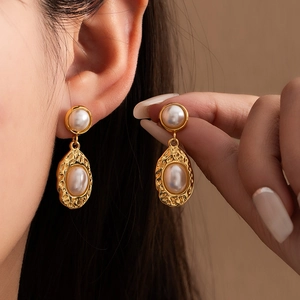 French vintage gold plated pearl drop earrings with hammered texture for women