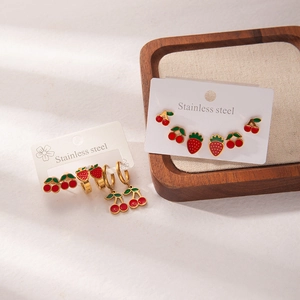 Orecchini in Acciaio Inossidabile a Forma di Frutta Collezione Ciliegia Fragola Smalto a Goccia d'Olio per Donna Gioielli
