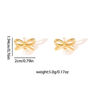 Vintage gold hollow bow earrings with white pearls, minimalist style for women
