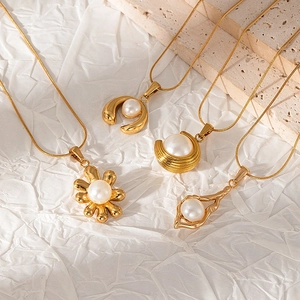 Elegant 18K gold plated stainless steel necklaces with various pearl pendant designs