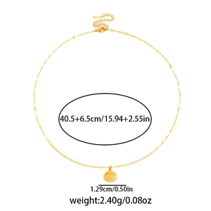 Detailed size specifications for a gold shell pendant necklace with measurements