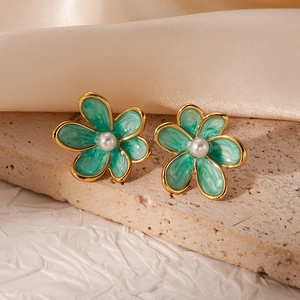 Elegant gold-plated flower stud earrings with mint green marble enamel and pearls