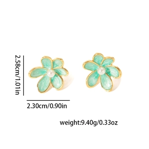 Gold-plated floral stud earrings with light green enamel petals and pearls