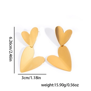 Statement gold stainless steel double heart dangle earrings with size and weight details