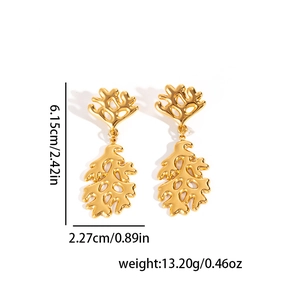 Detailed view of gold leaf-shaped stainless steel earrings with precise measurements