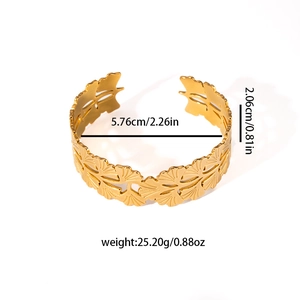 Gold plated stainless steel open bangle with hollow ginkgo leaf design and dimensions