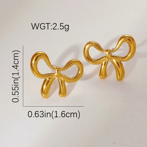 Minimalist gold bow stud earrings in polished stainless steel for women fashion