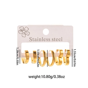 Detailed view of 3-pair set stainless steel gold hoops and heart earrings with size info
