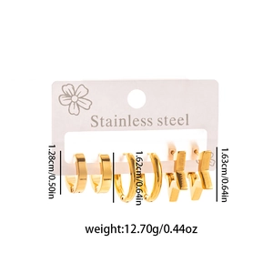 Detailed set of three gold stainless steel hoop earrings with weight and size markings
