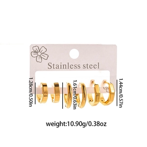 Three-pair gold stainless steel earring set with detailed measurements and weights