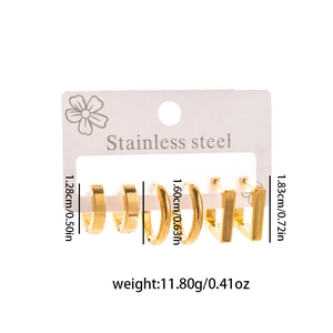 Detailed set of three gold stainless steel hoop and geometric earrings in various sizes