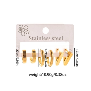 Detailed size chart for three pairs of gold stainless steel hoop and V-shaped earrings