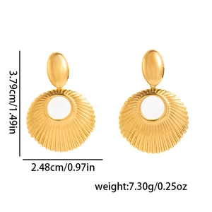 Detailed view of golden oval earrings with pleated texture and measurement specs