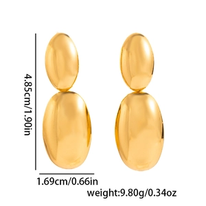 Detail showing dimensions and weight of golden oval stainless steel dangle earrings