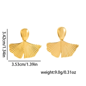 Golden ginkgo leaf shaped stainless steel earrings with fine radial texture detail