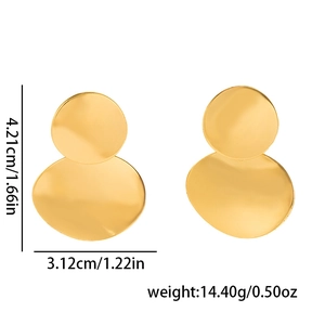 Polished gold stainless steel earrings with dual disc design and dimension markings