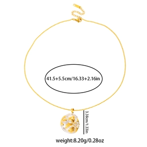 Detailed view of golden flower pendant necklace with dimensions and weight specs