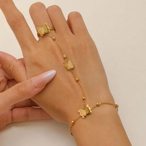 Set bracciale con anello a farfalla dorato alla moda in acciaio inossidabile opaco e perle