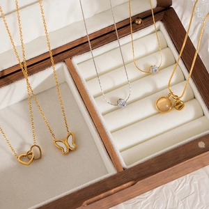 Minimalist Stainless Steel Necklace For Women Gold Silver Rhinestone Shell Cat Eye Stone Butterfly Heart Geometric Jewelry