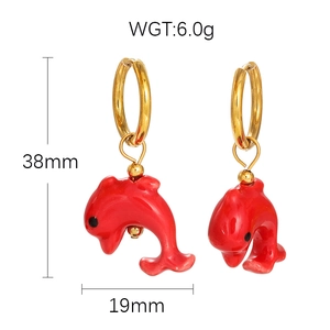 Detail shot of red dolphin earrings with dimensions 38mm height and 19mm width