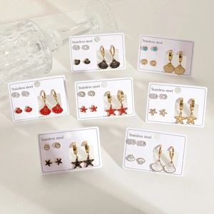 Ensemble de Boucles d'Oreilles Clous en Acier Inoxydable Style Océan Étoile de Mer Coquille Mauvais Œil pour Femme Bijoux en Émail Strass