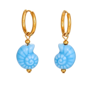 Summer ocean style golden hoops with light blue conch resin pendants and spiral textures