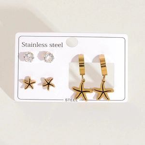Détails de l'ensemble de boucles d'oreilles étoile de mer en acier doré et zircons