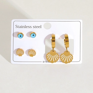 Lot de trois paires de boucles d'oreilles en acier avec œil protecteur et coquillages