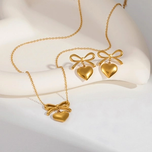 Elegantes Edelstahl 18 Karat Vergoldet Schleife Herz Halskette Und Ohrringe Für Damen Französisch INS Mode Schmuck Zubehör