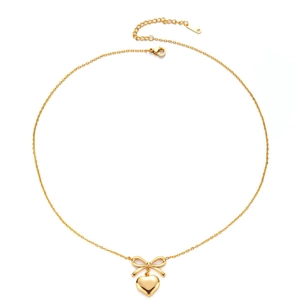 Elegante 18K vergoldete Edelstahlhalskette mit Herz- und Schleifenanhänger für Damen