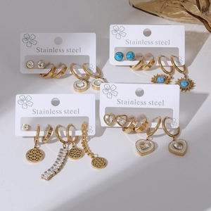 Minimalist Stainless Steel Earring Set Heart Sun Butterfly Evil Eye Stud Earrings For Women Rhinestone Gold Plated Jewelry Set