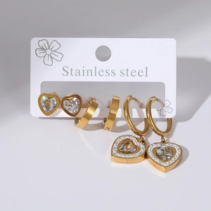 Three-piece stainless steel earring set with heart-shaped cubic zirconia in gold finish