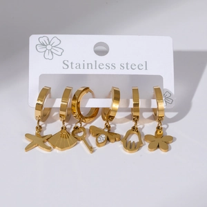 Detailed set of 6 golden stainless steel hoop earrings with unique sea and nature charms